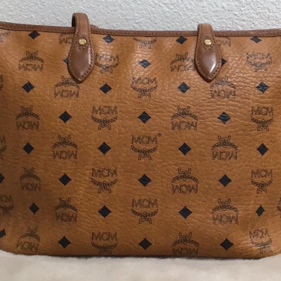 MCM #H5822 Vintage Visetos Blue Stripes Monogram Small Tote Bag  EUC Cognac - Picture 6 of 16